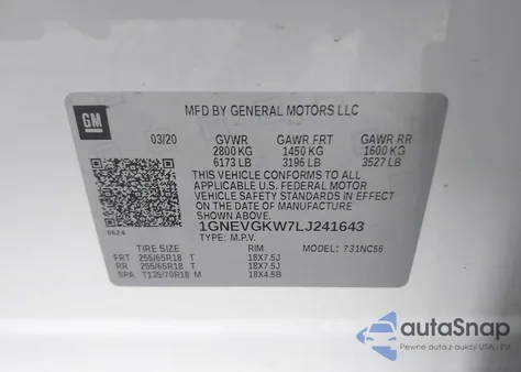 2020 Chevrolet Traverse Awd Lt Cloth z USA, uszkodzony, nr VIN 1GNEVGKW7LJ241643